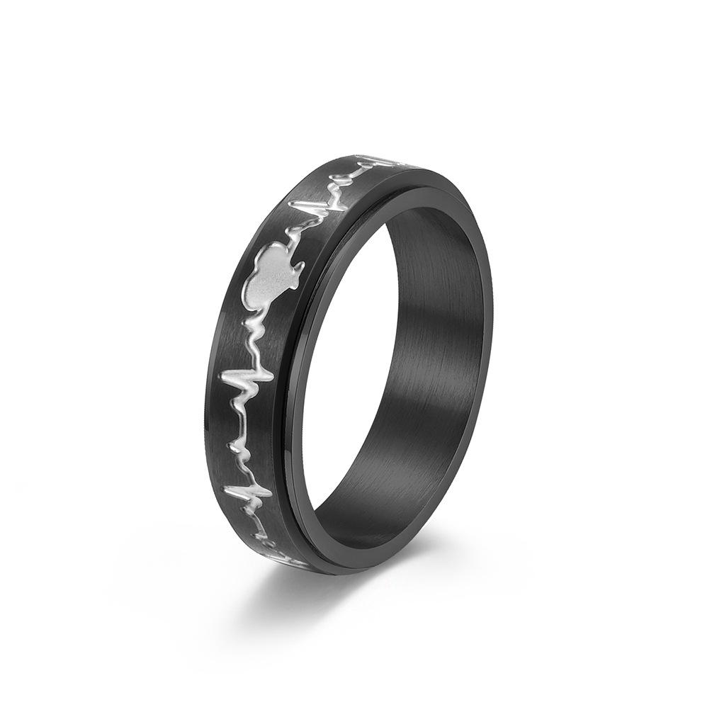 Titanium Steel Rotating Electrocardiogram Couple Ring, Heartbeat, Decompression, Stainless Steel Matching Ring, Hand Jewelry
