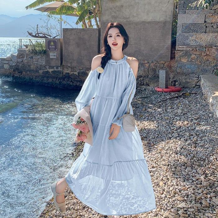 New French gentle wind sweet loose beautiful fairy long dress seaside vacation wind off-the-shoulder dress female S синий