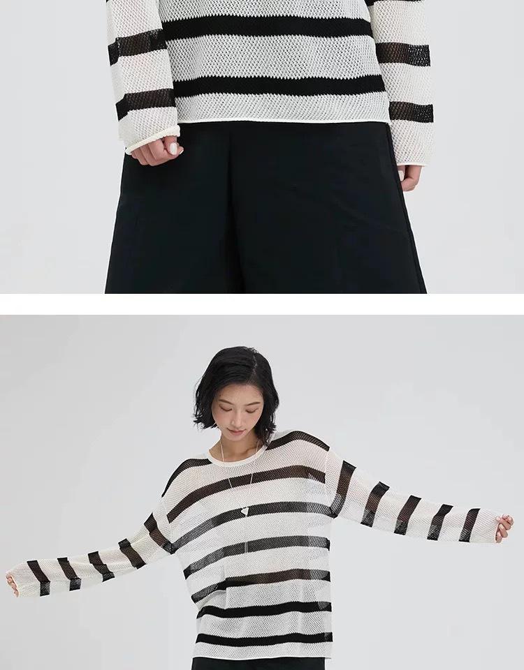 Women's Summer Striped Linen Knitwear: Openwork Long Sleeve Loose T-shirt Cardigan