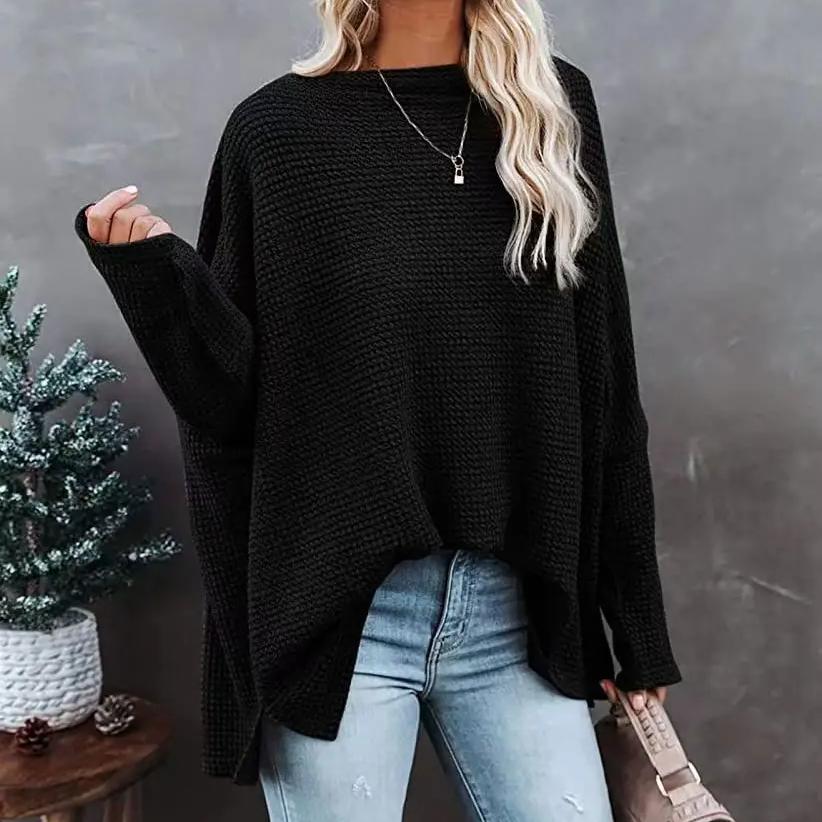 Women's Knitted Sweater Waffle Shoulder Slant Neck 2024 New Autumn Winter Women's Regular Loose Pullover Top