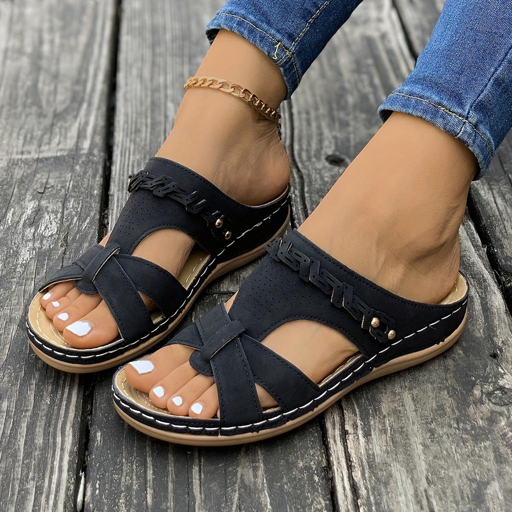 Women's Beach Slippers Slip-On Open-Toe Casual Sandals with Adjustable Straps, Breathabl Flat Heel Comfort Shoes