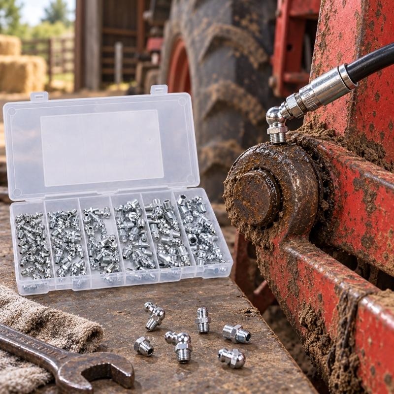 Grease Connection Fitting Assortment with Six-Sided Installation Bases for Machinery Lubrication Maintenance Tasks