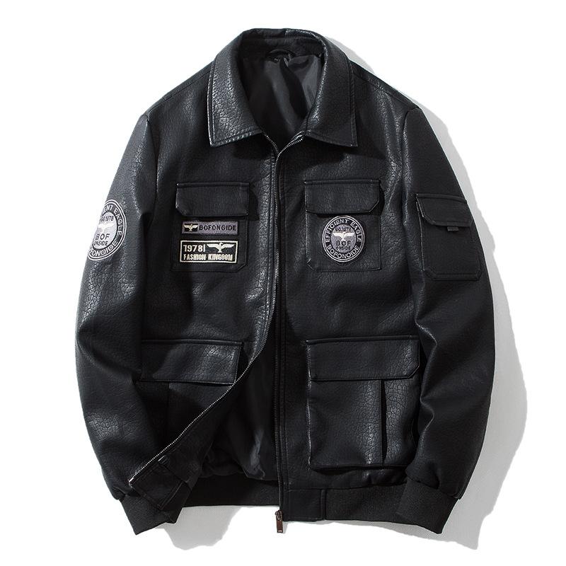 Pilot Leather Jacket Large Size Korean Edition Slim Fit Fashion Youth Casual Lapel Embroidered Men's Tooling Jacket