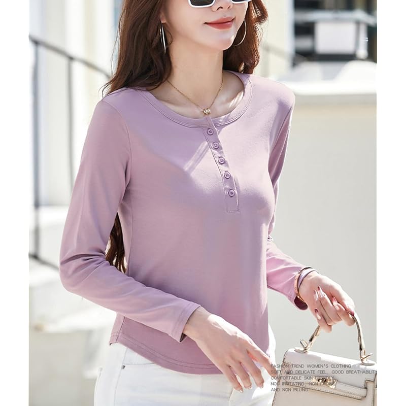 [JHIJSC] t-shirt ladies long sleeve spring cotton tight Plain color Fashionable cute large size (JP, alphabet, L, pink)