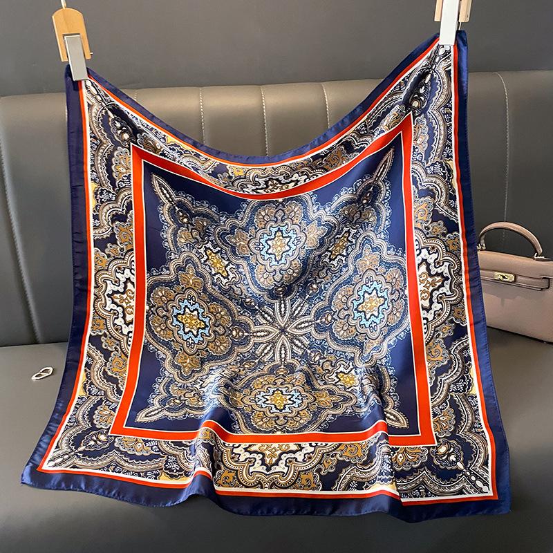 Luxury Retro Women'S Silk Satin Hair 70Cm Square Scarves Fashion Flower Printed Headscarf Designer Scarf Headband