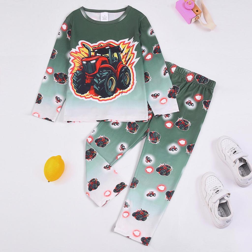 Flame-Retardant Milk Silk Kids' Dinosaur Pajama Set - Green Fluorescent, Long Sleeve & Pants