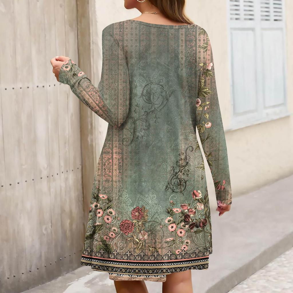 Übergröße Damen Gradient Print Lässig Frühling/Herbst Tasche Rundhals Langarm Kleid