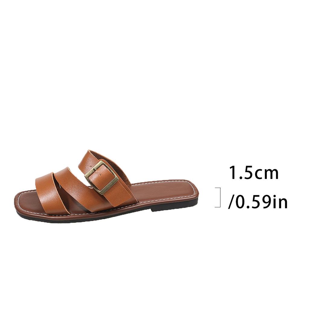 Pantofi cu cataramă de mărime mare, papuci plați cu o singură baretă, papuci de plajă casual cu vârf pătrat pentru femei