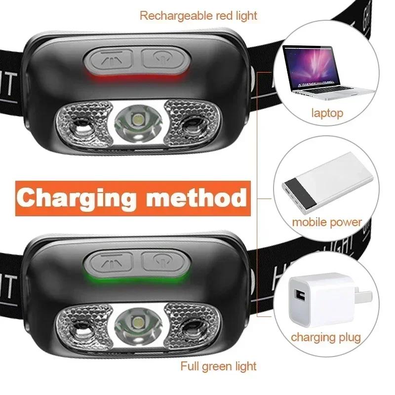 Strong Light Headlamp Portable LED Sensor Headlamp USB-C Rechargeable Head Flashlight Outdoor Camping Fishing Emergency Lantern
