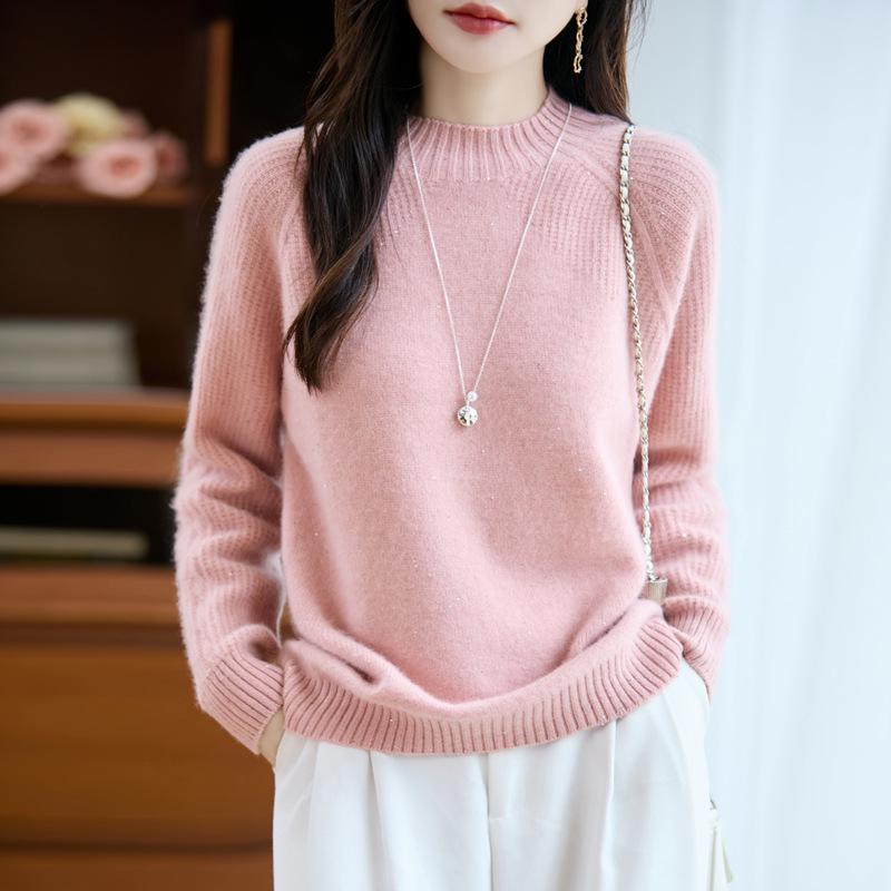 2025 Autumn/Winter Women's Wool Sequin Cable Knit Sweater with Half-High Collar