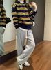 2025 Autumn/Winter Korean Color Block Stripe Polo Neck Knit Sweater - Casual, Versatile, and Loose Fit