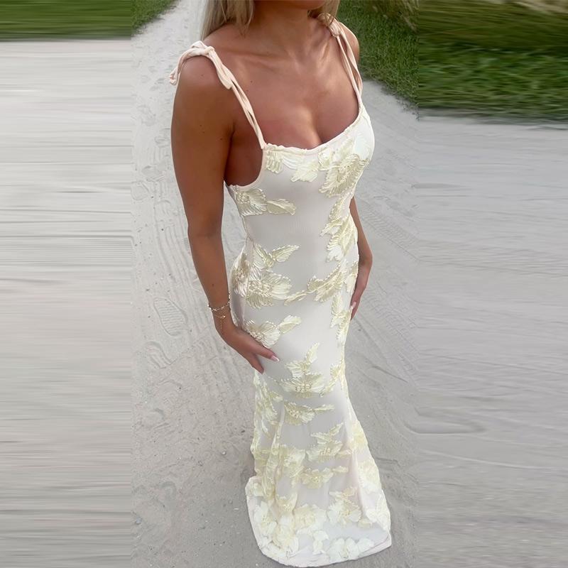 Floral Embroidery O-neck Backless Sleeveless Female Dresses Slim Hip Package Party Lady Evening Robe
