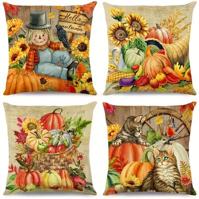 Home Decor Autumn Scenes: Pumpkins, Cats & Sunflowers Pattern Cushion Cover Suitable For Sofa Bedroom Car Pillow Cover