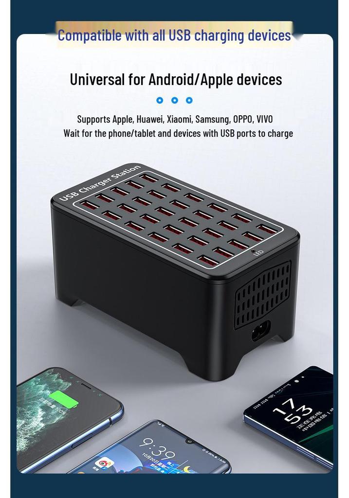 150W Multi-Port USB Charger, 1A/2A, with 10, 15, 20, and 30-Port Fast Charging
