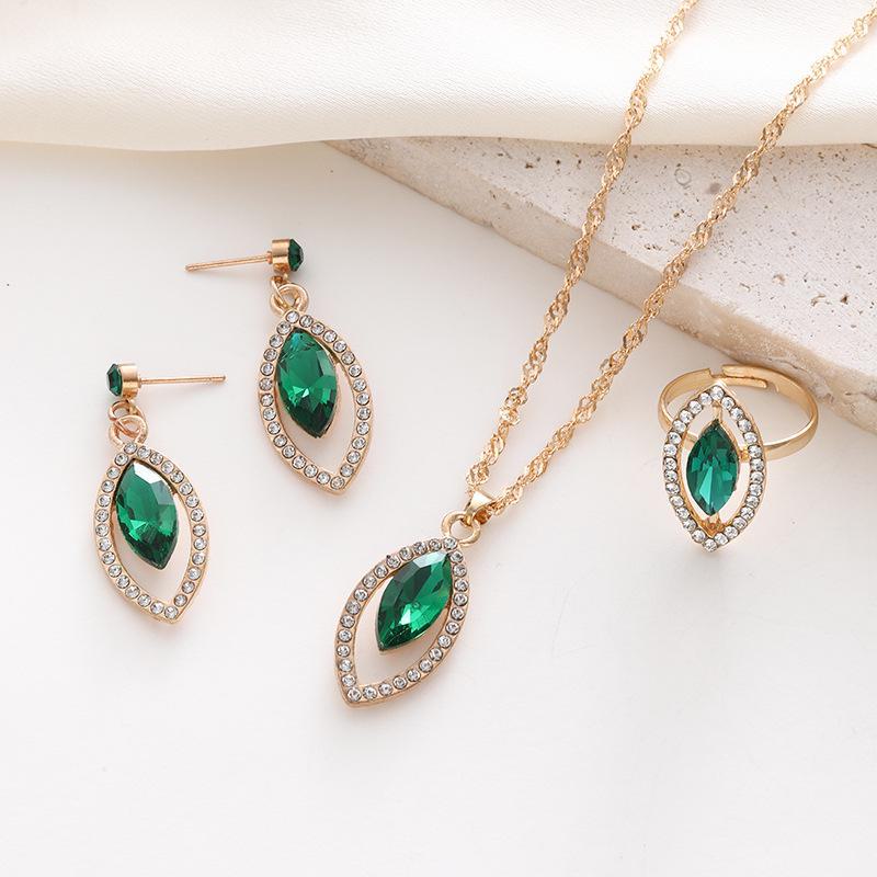 

Роскошный европейско-американский набор модных украшений: Элегантное колье, серьги и кольцо с камнем «кошачий глаз» CK0374 Set зелёный