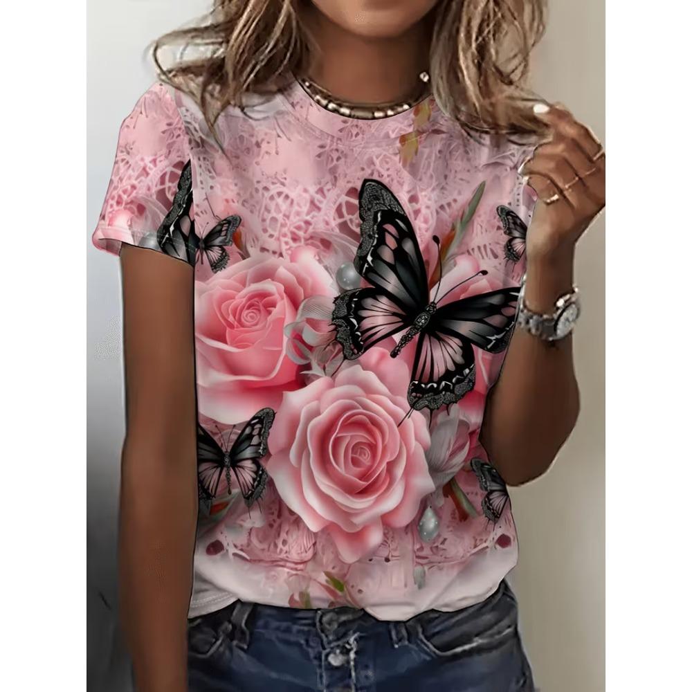 3D printed pink rose black butterfly lace T-shirt with sweet and cool print XS