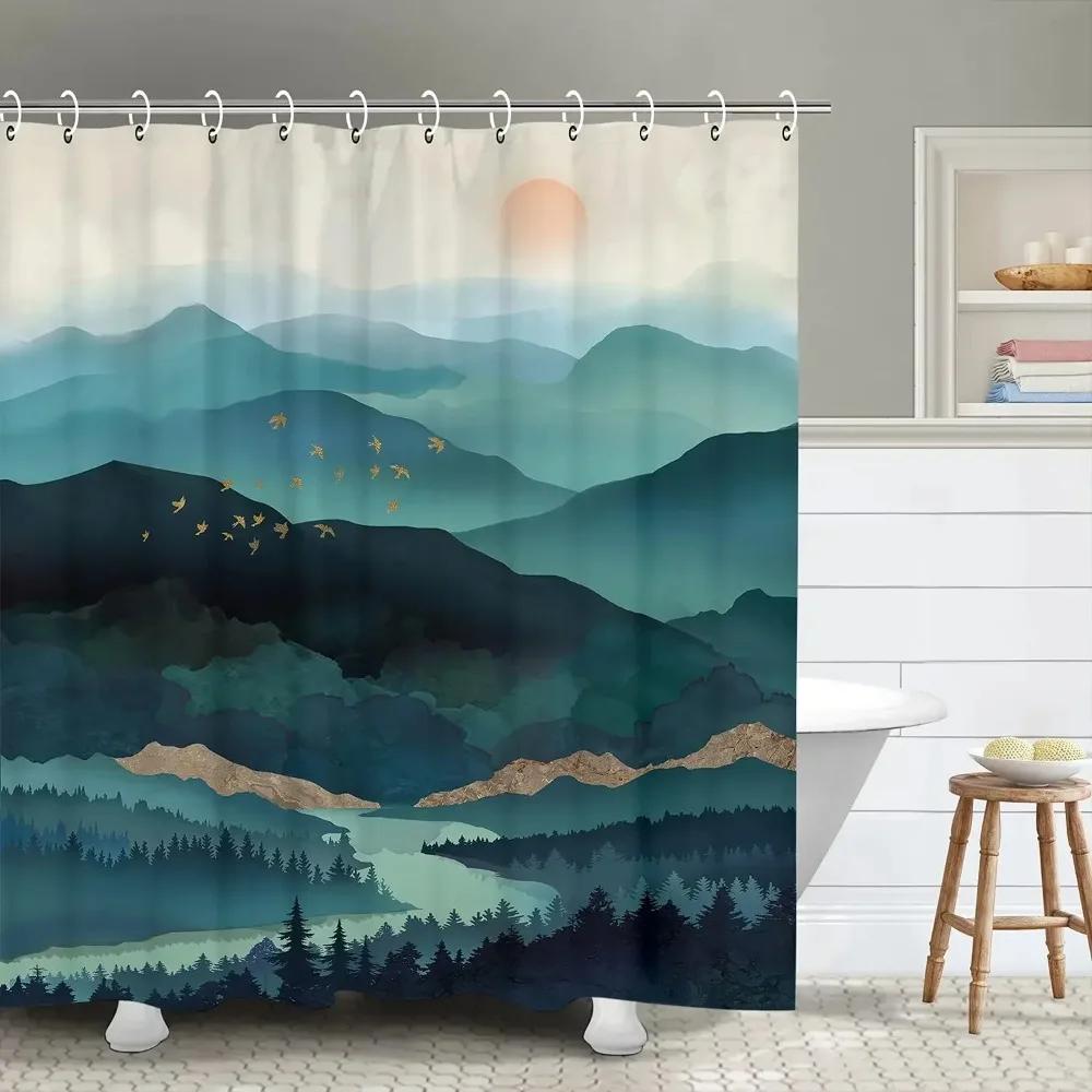 Monika Chen Mountain Shower Curtain,Teal Bathroom Shower Curtain, Cool Nature Watercolor Misty Forest Sun Sunset Landscape Shower Curtains