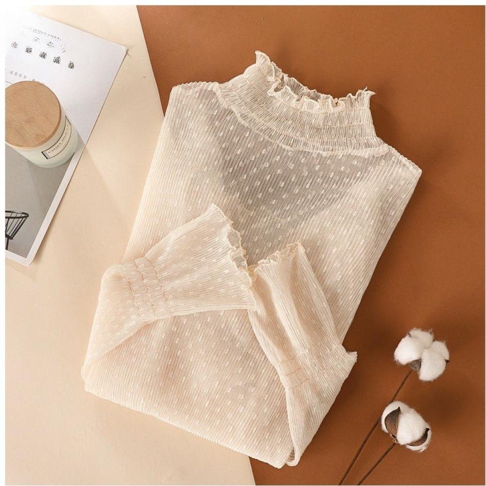 Women T-Shirt See Through Transparent Mesh Tops Long Sleeve Sheer Slim Ladies Turtleneck Silk Ruffled Edge T Shirt Lace Crop Top