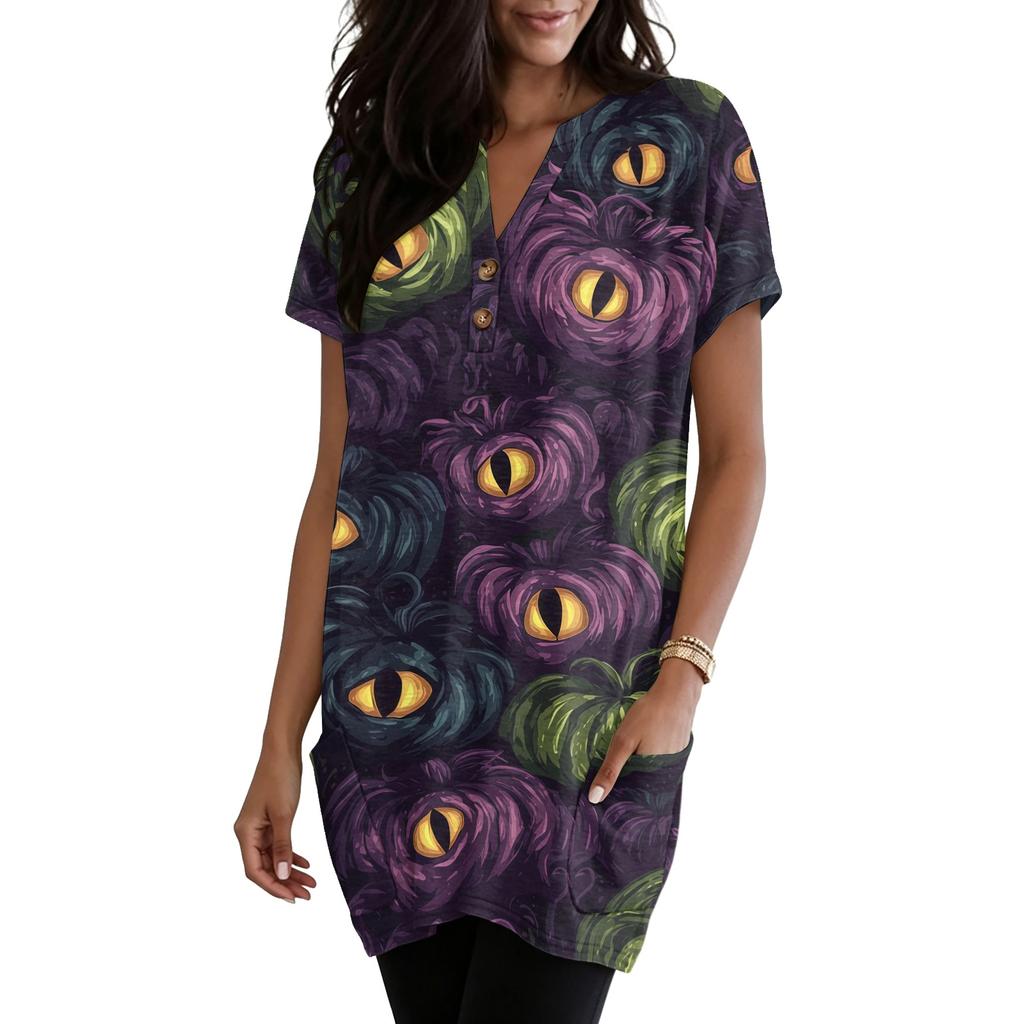 Women V Neck Halloween Print Short Sleeve Pullover Dress with Pocket Casual Loose Fit Tunic Dress for Daily Wear