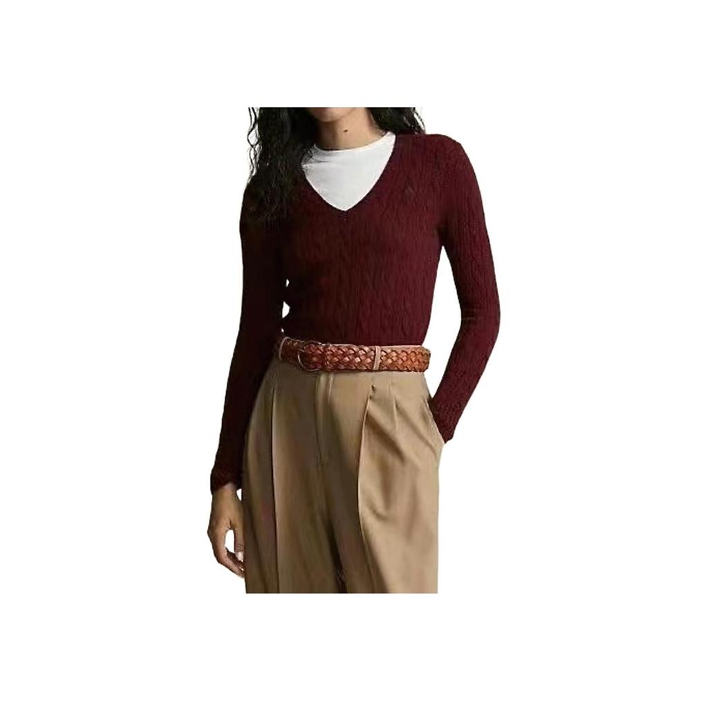 Polo Ralph Lauren Solid Color V-Neck Cable Knit Sweater Women sweater Burgundy 211910422-009