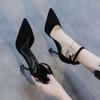 Black high heels women 2025 European station model fashion sexy temperament pointed one-word button stiletto sandals
