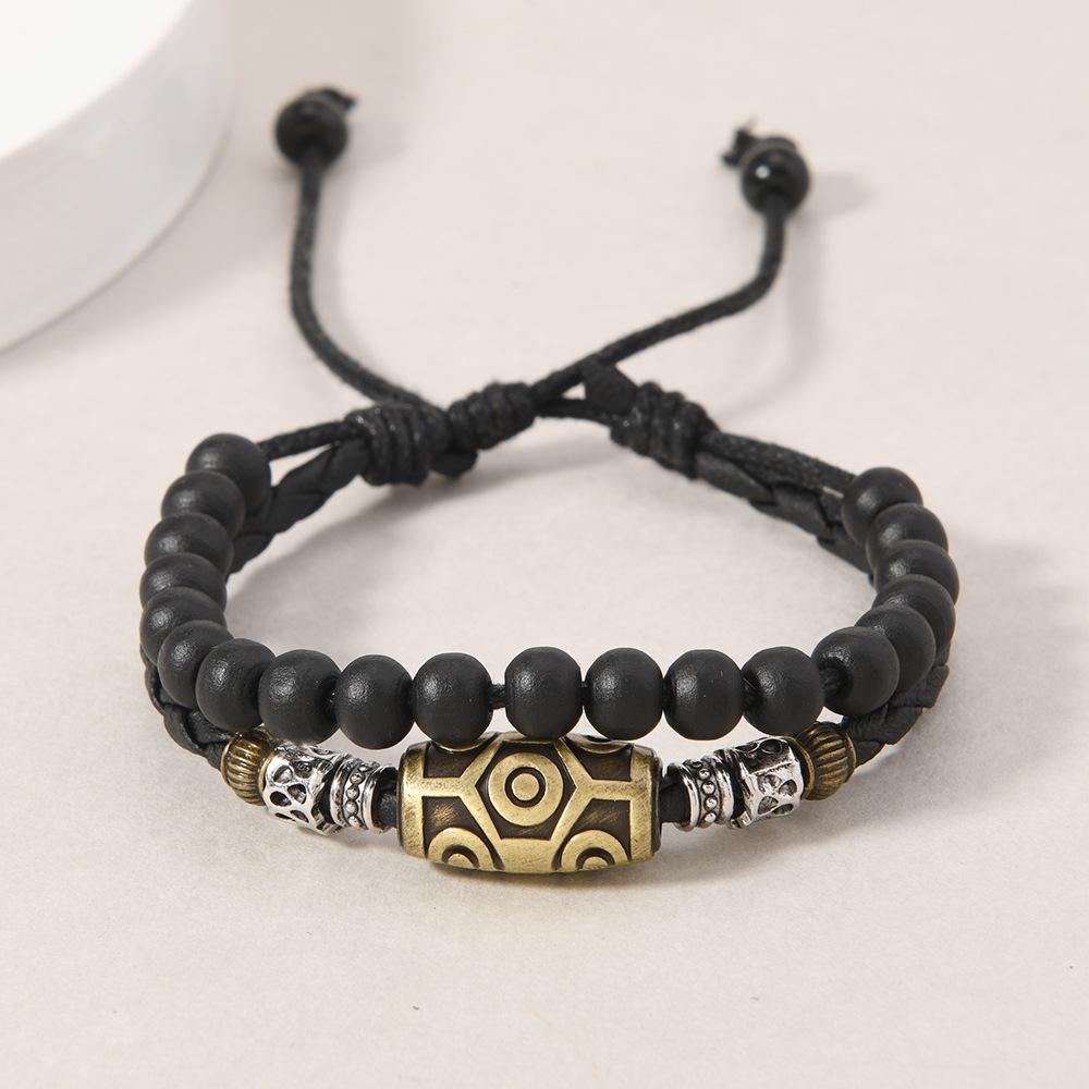 Retro Punk Style Men's Wax Rope Pendant Necklace & Beaded Bracelet Set