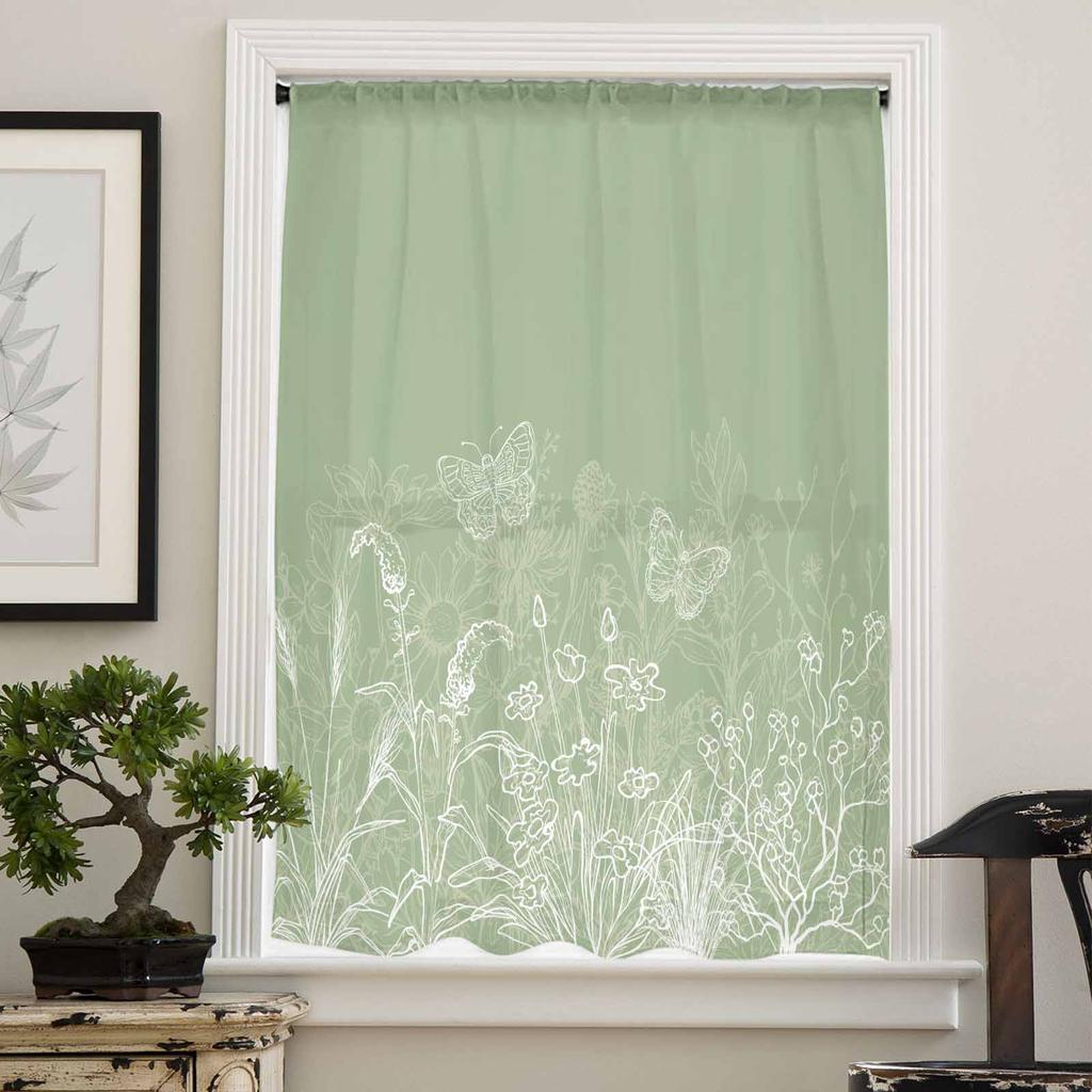 Minimalist Flower Hand Drawn Sheer Curtains for Kids Bedroom Living Room Voile Window Curtains Tulle Drapes