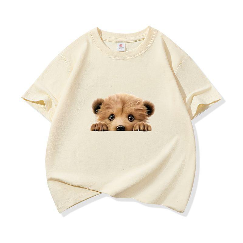 Kids Cotton T Shirt Cute Peeking Bear Cub Print Crew Neck Short Sleeve Tee Casual Breathable Boys Girls Summer Tops