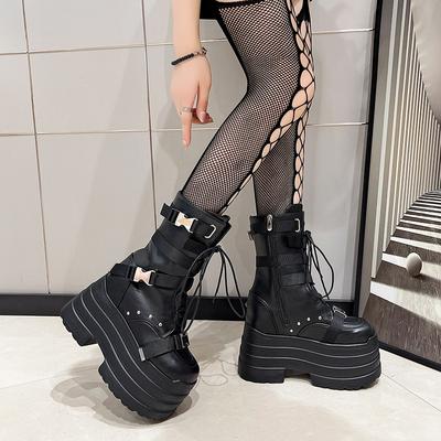 Fashion Design Super High Women's Boots Thick Bottom Buckle Straps Lace Up Gothic Short Boots Platform Botas Mujer Black White