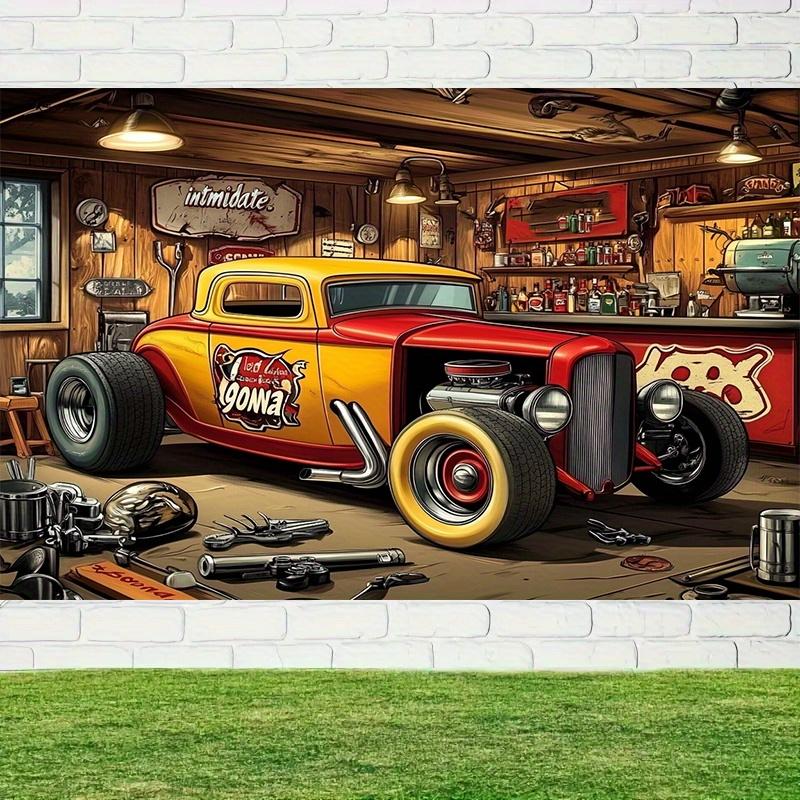 Stendardo 2D 1 pezzo tema garage retrò adatto per fotografia e decorazione festa - Hot rod rosso adatto per molte occasioni