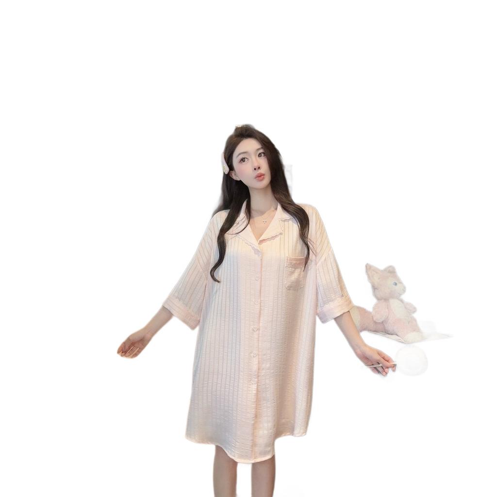 1011 Neues Eis Seiden Nachthemd Damen Frühling und Herbst Dünn Locker Reiner Begehren Stil Hemd Lang Loungewear Schlafanzug Kleid