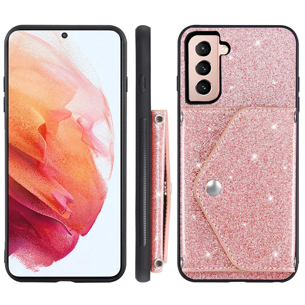 Glitter Phone Case for Samsung Galaxy S23 Kickstand Card Holder Leather Coated TPU Cover with Shoulder Strap