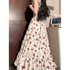 Square Collar Rose Floral Suspender Dress Summer Seaside Vacation Thin Beach Dress Small Fly Sleeves Medium and Long Skirt