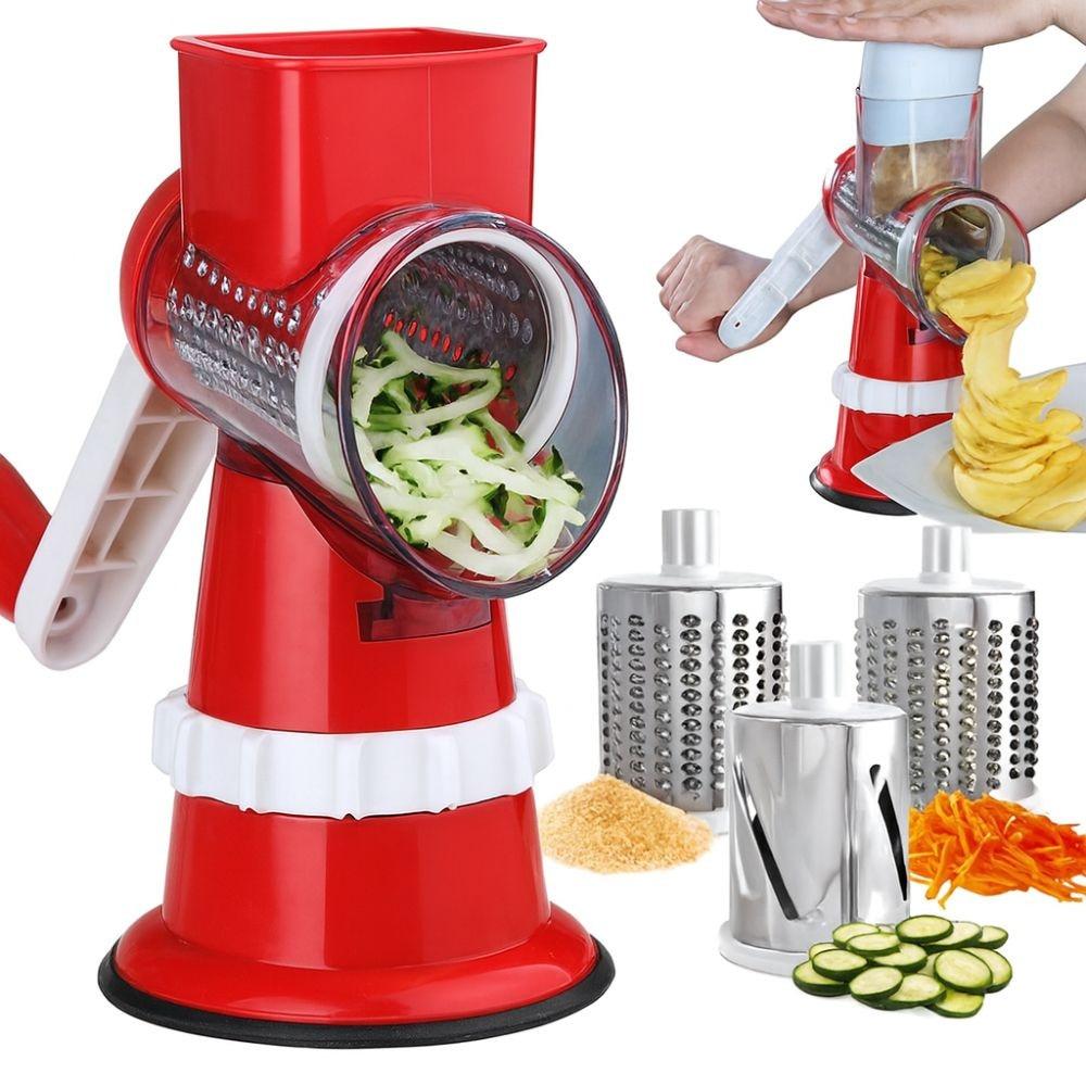 Feliator Manual 3-in-1 Ayawaska Slicer, 3 Interchangeable Stainless Steel Blades, Non-Slip Suction Base, Red Kitchen Tool