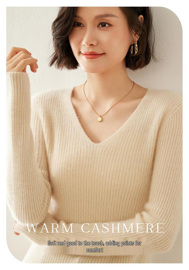 Women's V-Neck Striped Cashmere Knit Sweater - Slim-Fit Autumn/Winter Pullover