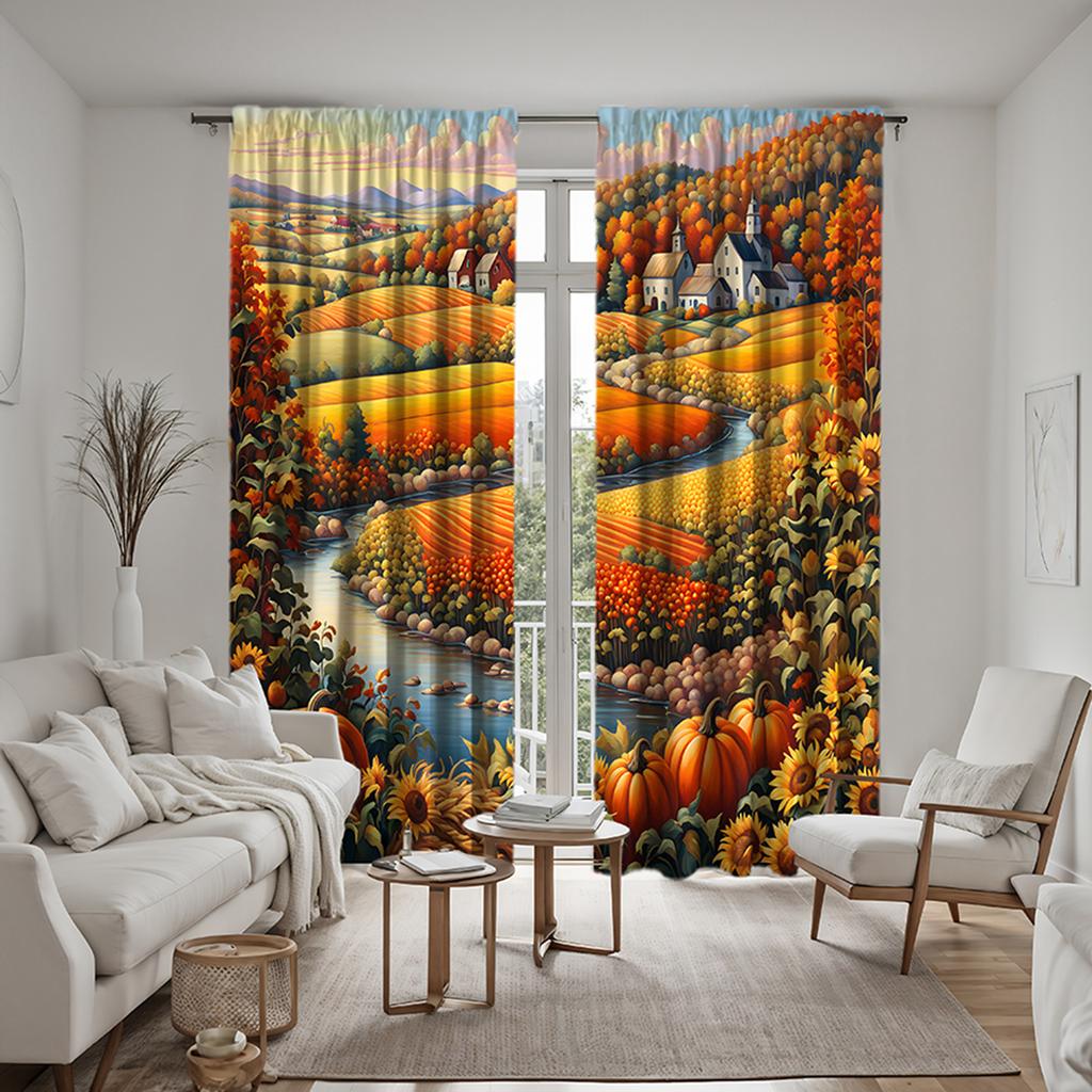 2 Pieces of HD Gold Country Field View Decorative Curtain Yellow Digital Printed Curtain Home Decoration Style Decoration Living