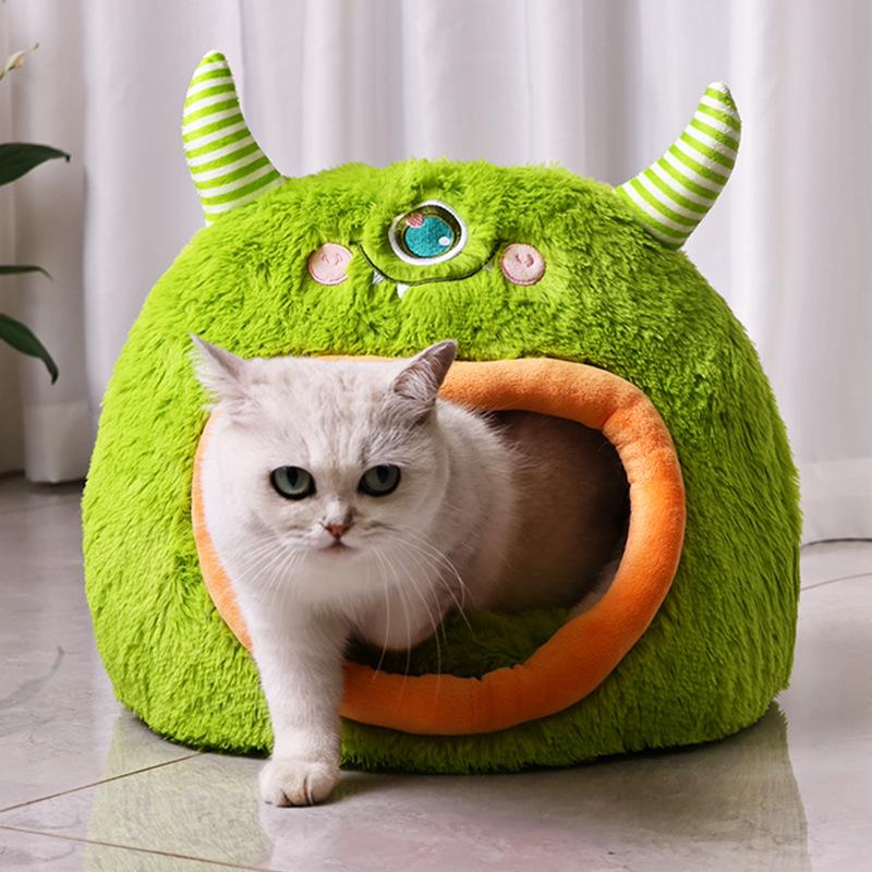 Vollständig geschlossenes sicheres und gemütliches Cartoon-Monster-Haustierbett für Hunde und Katzen Ganzjahres-Universal Weich und warm für den Winter Katzenhaus
