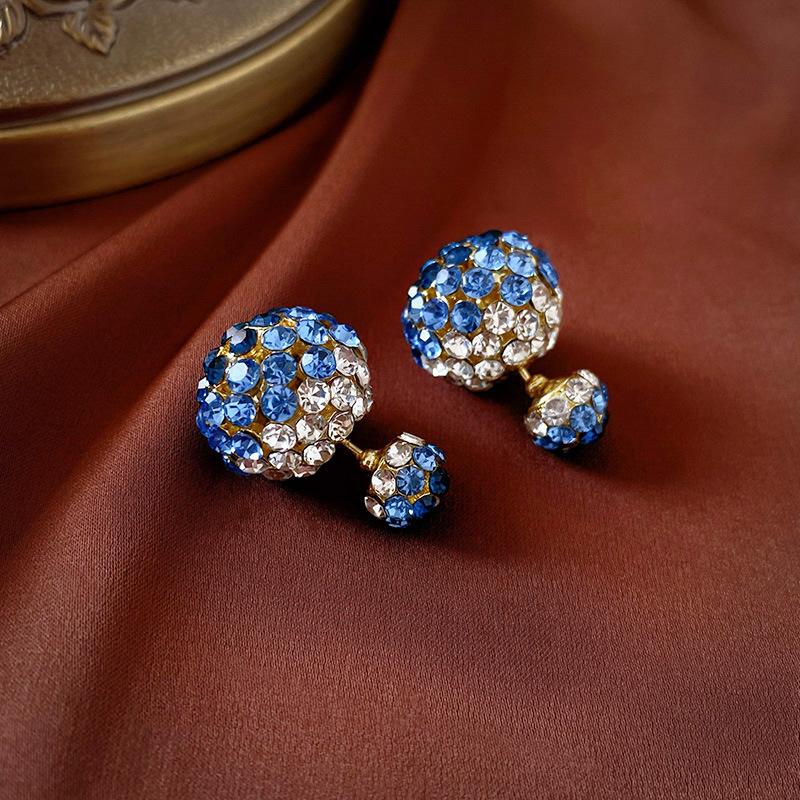 Light luxury diamond-encrusted front and rear two large and small silver needle stud earrings French geometric temperament earrings