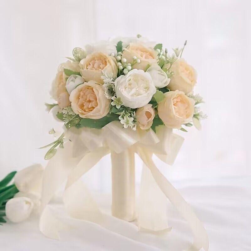 European Style Bridal Bouquet with Small Roses - Pink & White