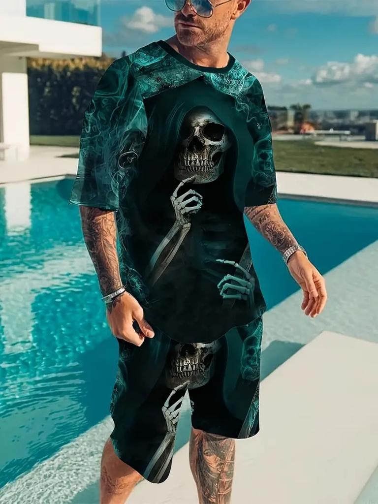 Summer 2 Piece Outfit Male 3D Color Block Print Short Sleeve T-Shirt ShortsSets Outdoor Men's Clothing Tracksuit