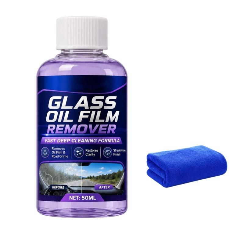 Car Glass Oil Film Cleaner with Towel, Liquid Care for Rain Traces, Water Spots and Grime Buildup on Window Glass, Mirrors and Windshields