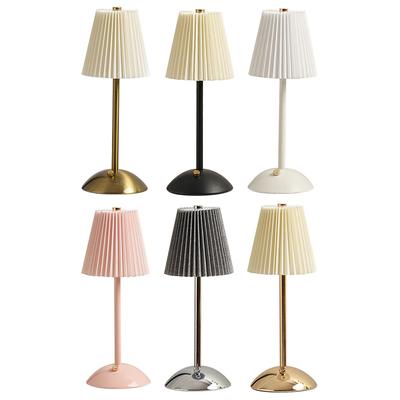 Pleated Shade Nightstand Lamp with Metal Base Nordic Sleeping Light Rechargeable 3 Colors Dimmable for Living Room Bedroom