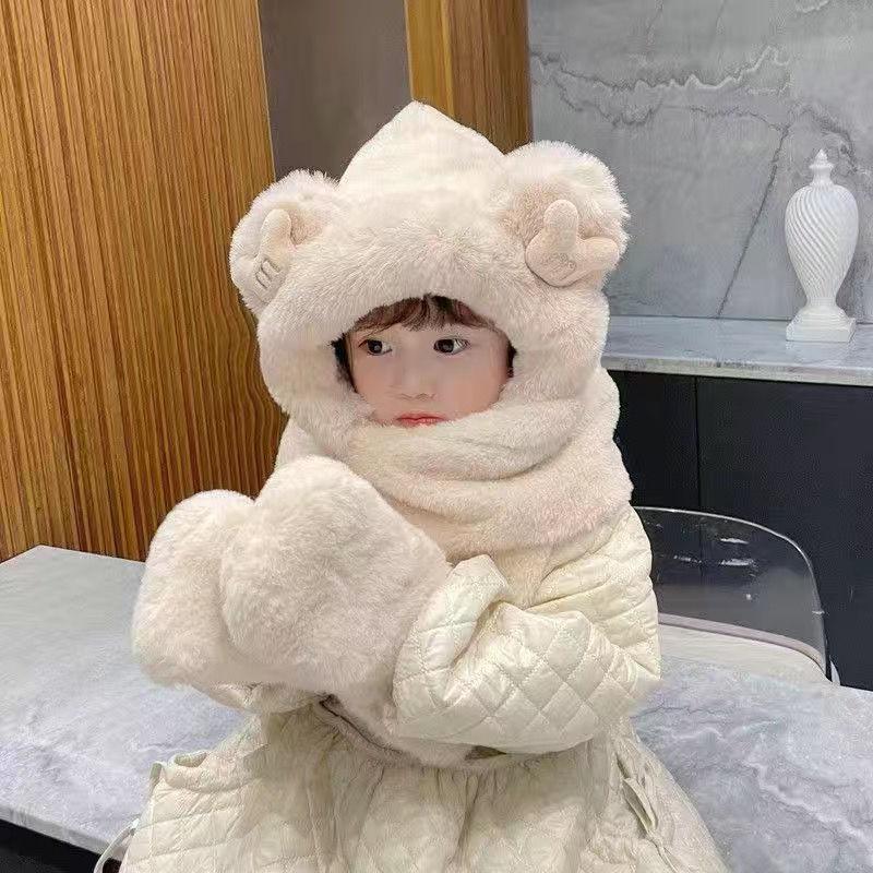 Bear hat women's winter three-piece set cute plush hooded scarf integrated warm versatile gloves ear protection scarf