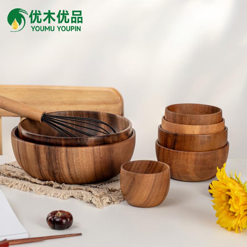 Japanese Solid Wood Round Fruit Dish Household Dim Sum Fruit Salad Dish Baby Fall Proof Wooden Bowl Whole Wood Thickened Dish