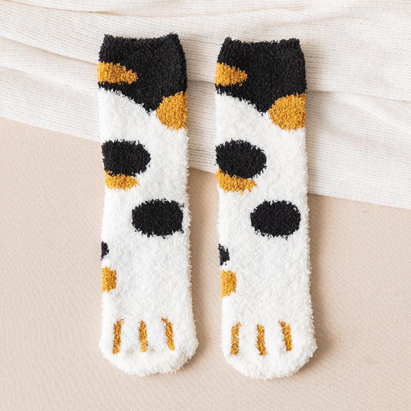 Women's Mid-Calf Coral Fleece Socks: Half-Sided Fleece, Cat Paw Design, Cute & Cozy for Autumn/Winter