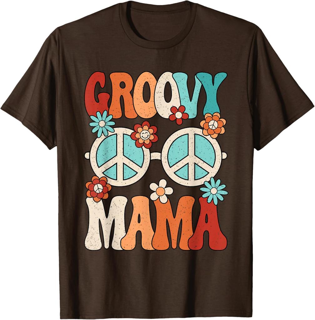 Groovy Mama Peace Sign Flowers Retro Hippie Graphic Tee Women's Casual Trip T-Shirt