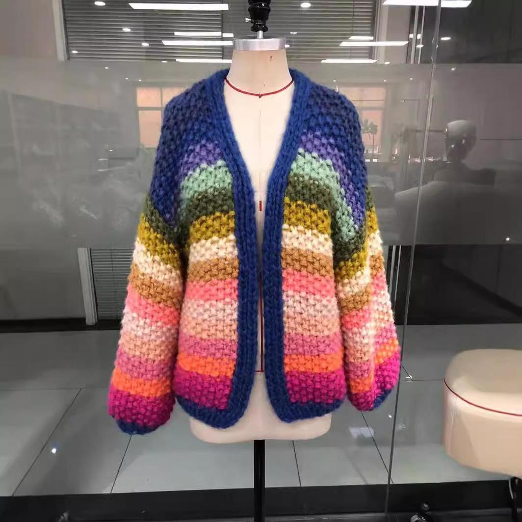 Women's Handmade Chunky Knit Rainbow Stripe Cardigan