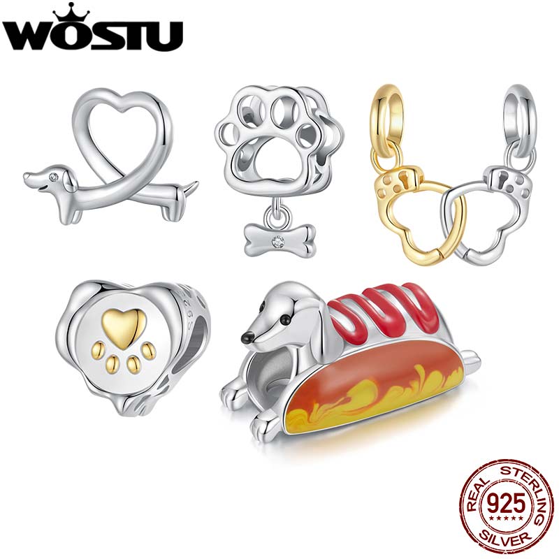 WOSTU 925 Silver Creative Hot Dog Dachshund Charm Tow tone Pet Claw print Beads Heart Handcuff Pendant Fit DIY Bracelet Necklace