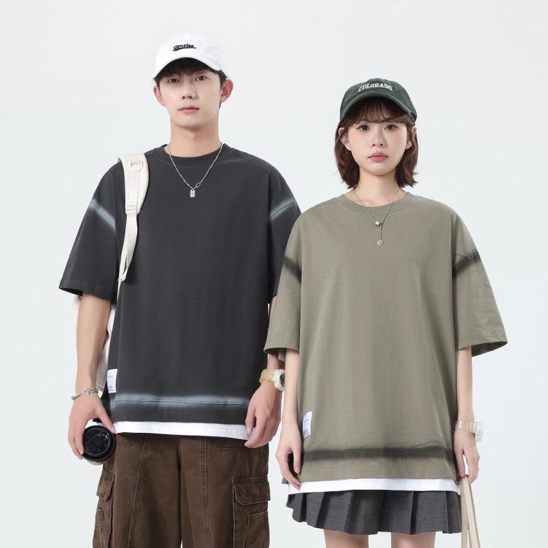 Spray-Dyed Heavyweight Cotton Short Sleeve T-Shirt - Unisex Trendy Two-Piece American Style Couple Top
