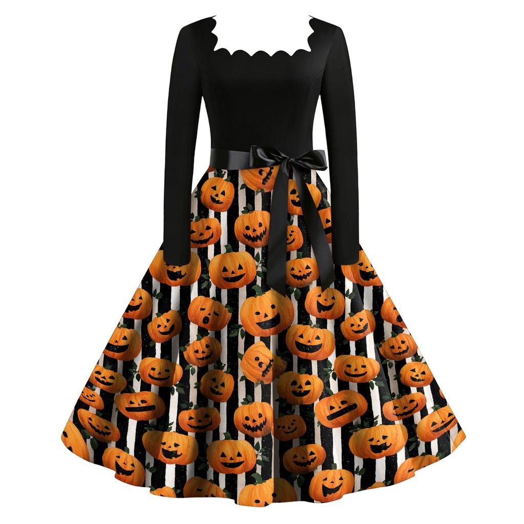 Women's Retro Long Sleeve Square Neck Halloween Print Party Dress